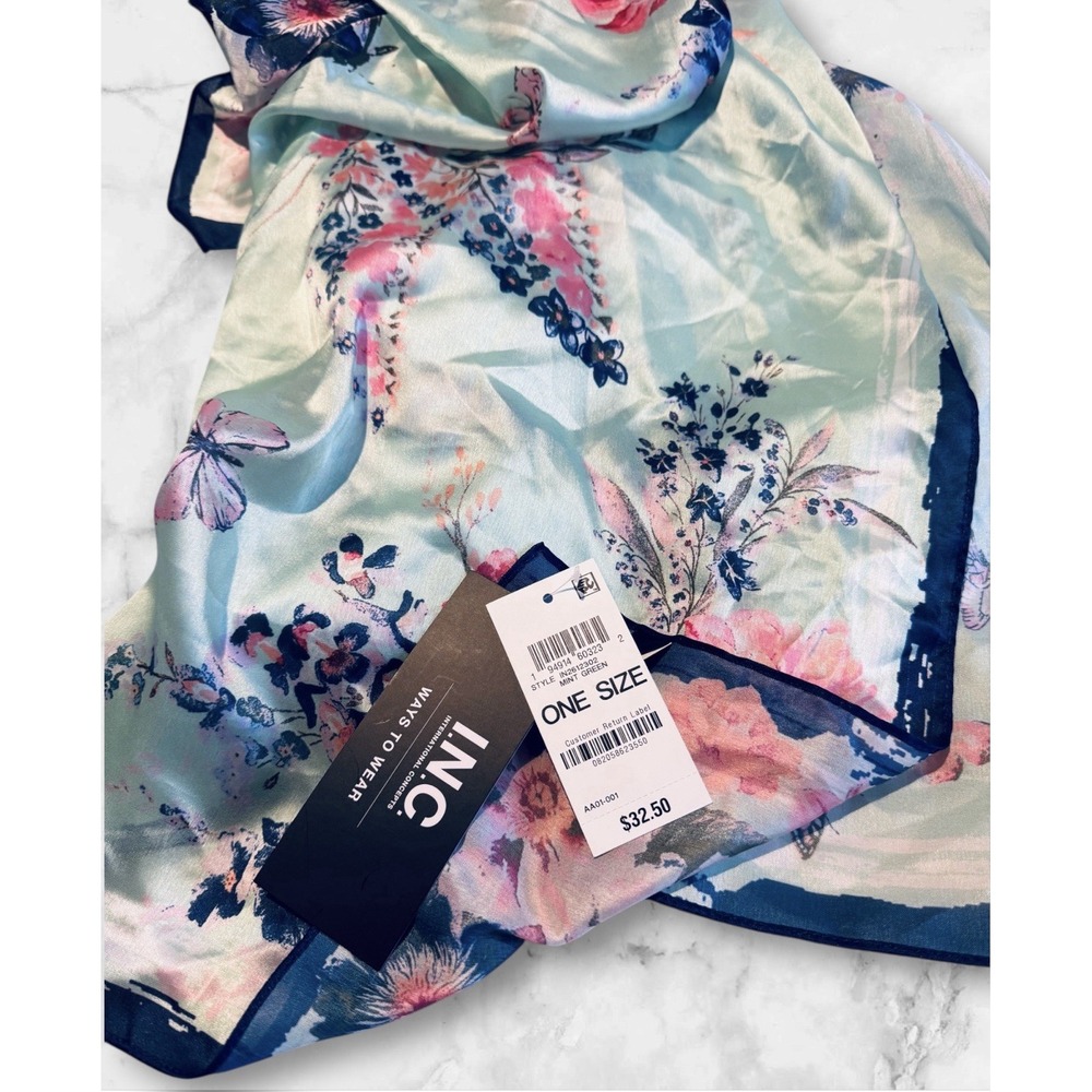 INC International Concepts Mint Blue Floral Butterfly Bandana Scarf, One Size